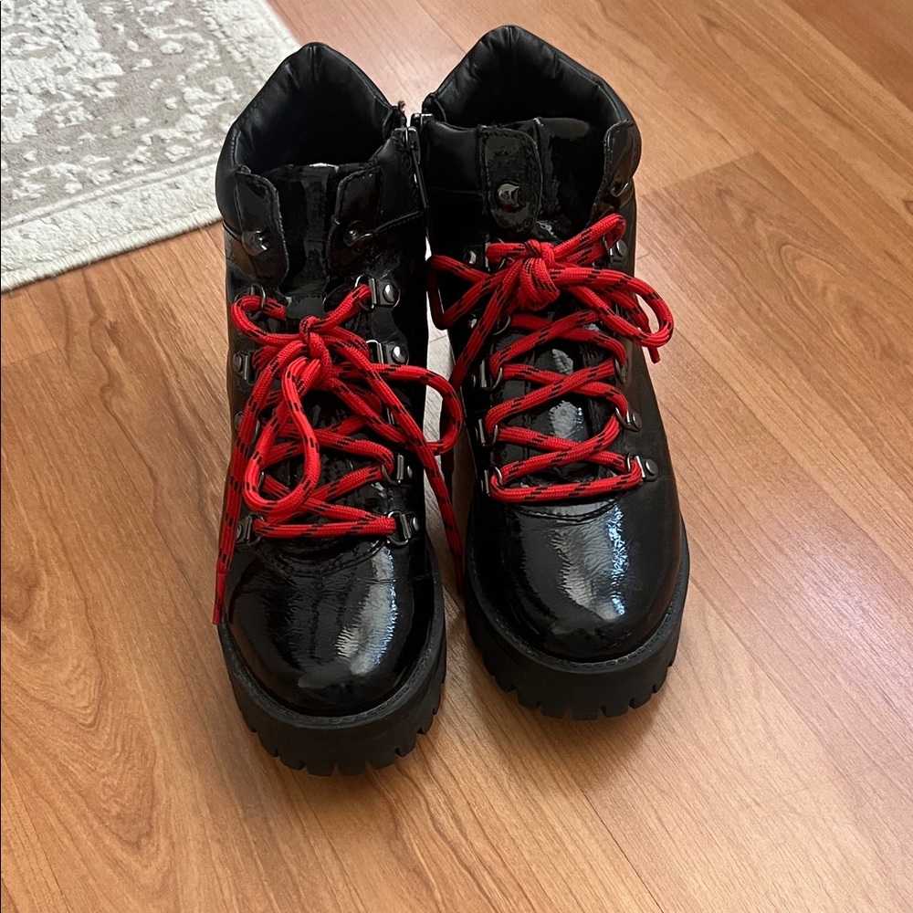 Aqua Black Patent Combat Boots with Red Laces